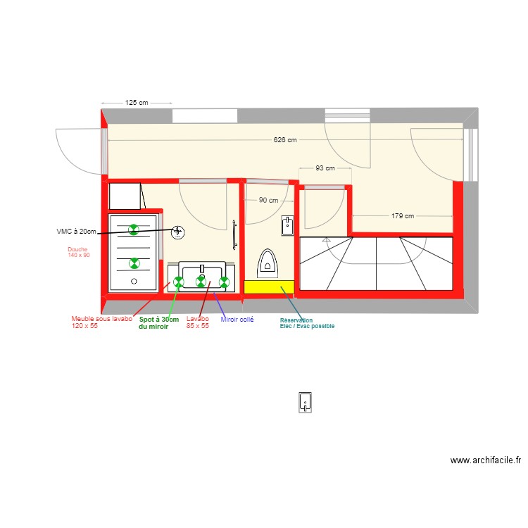 SdB 1er Etage Aec ANCIENNE CLOISON. Plan de 3 pièces et 19 m2