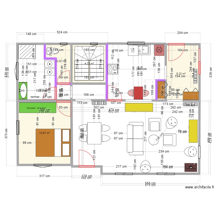 Ploeren 2 cuisine au nord. Plan de 4 pièces et 23 m2