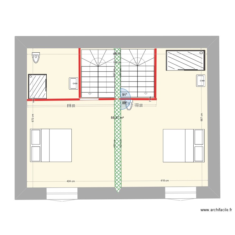 Plan étage avec un escalier double. Plan de 1 pièce et 56 m2