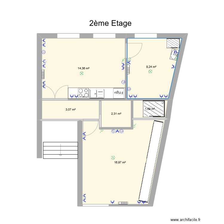 Bruno 2ème etage . Plan de 6 pièces et 47 m2