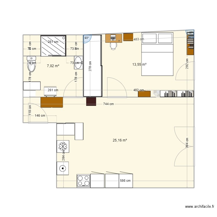 chambre et s de b. Plan de 3 pièces et 46 m2