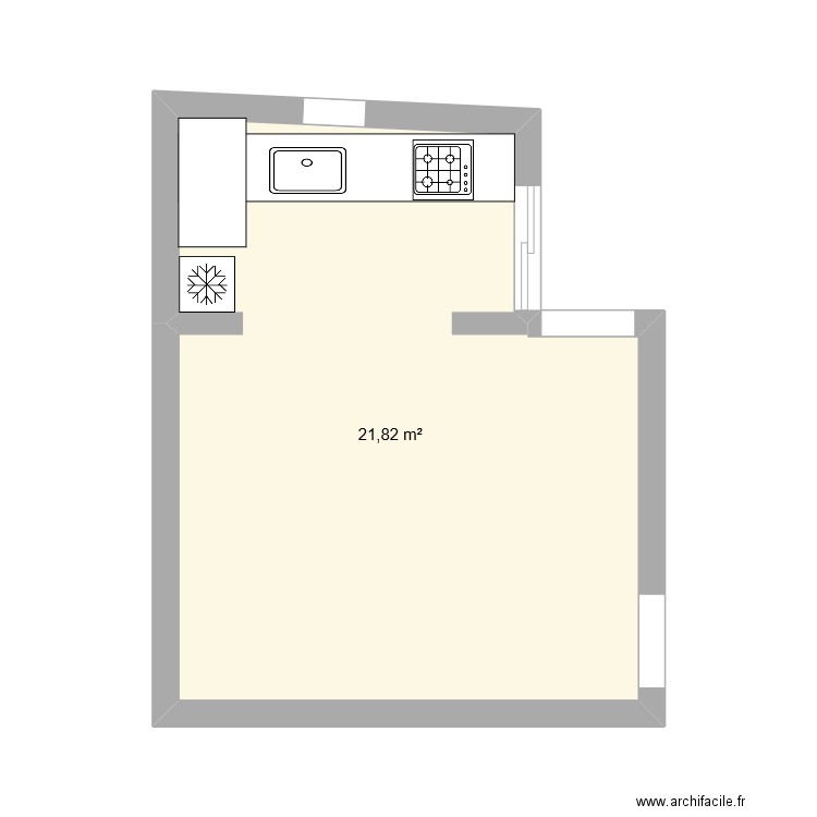 cucina. Plan de 1 pièce et 22 m2