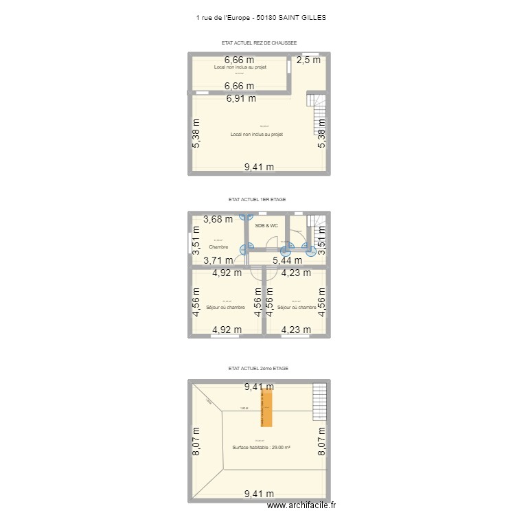 Etat actuel . Plan de 8 pièces et 221 m2