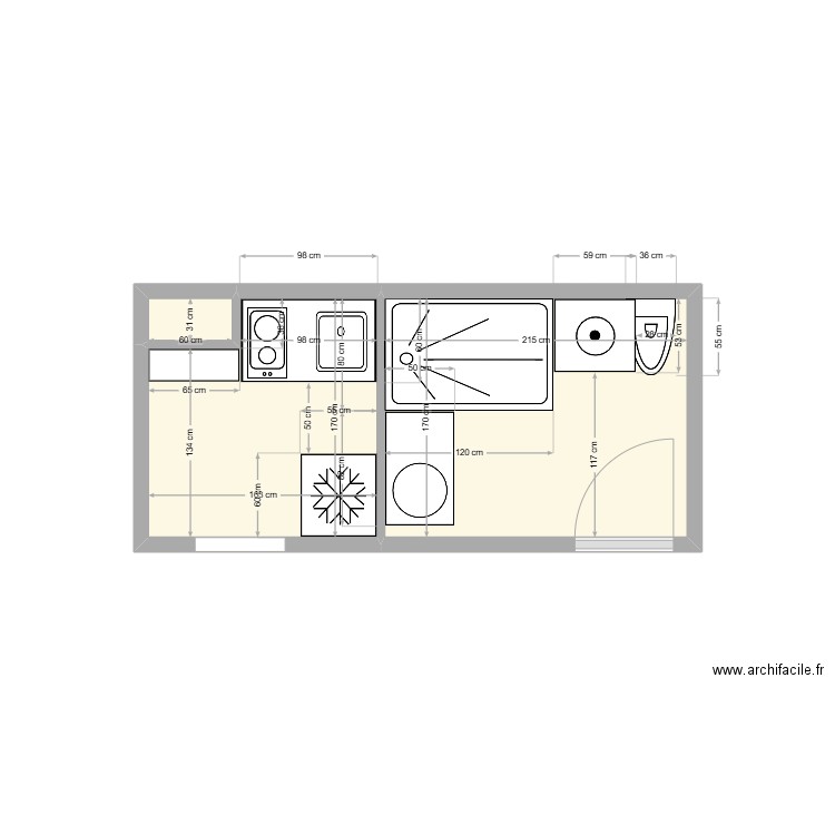 Cuisine/sdb 3. Plan de 3 pièces et 6 m2