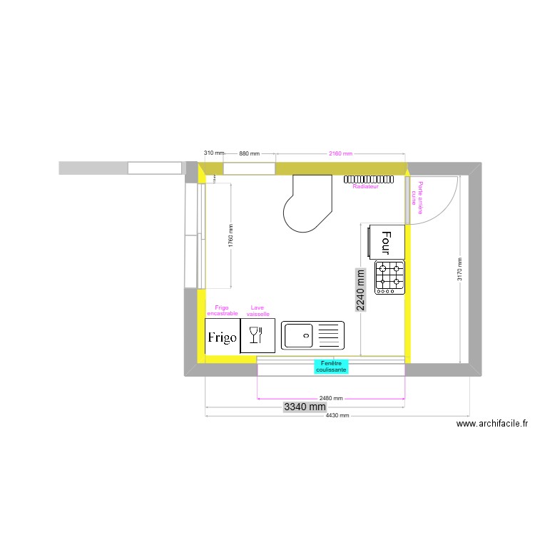 Pour étude meuble cuisine. Plan de 1 pièce et 10 m2