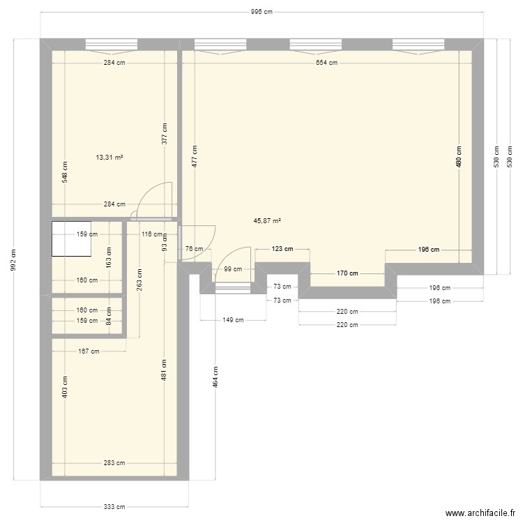 Plan Appart Salon Cuisine. Plan de 2 pièces et 59 m2