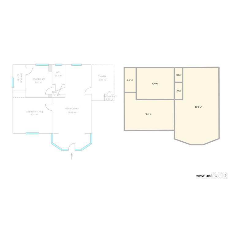 Tharon maison. Plan de 6 pièces et 53 m2