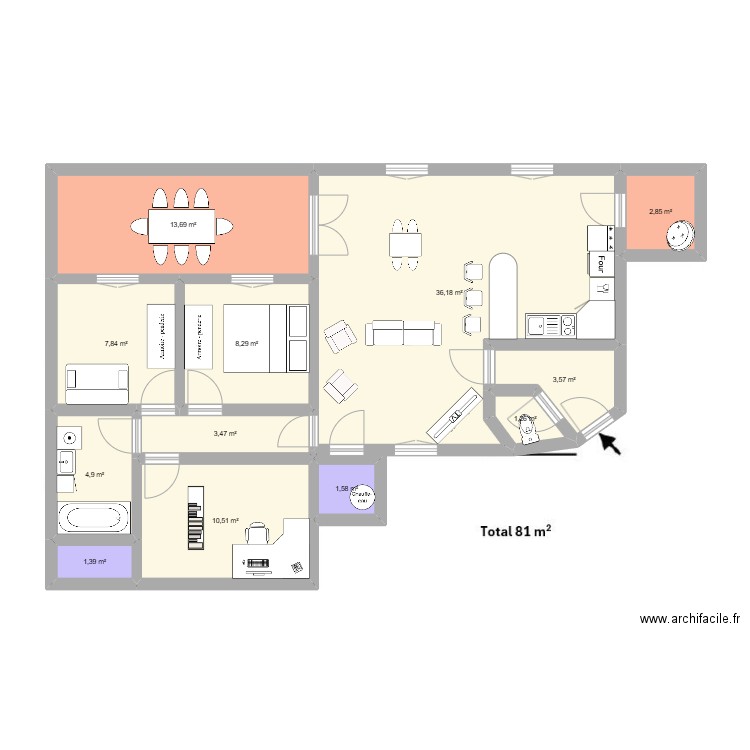 appartement. Plan de 12 pièces et 96 m2