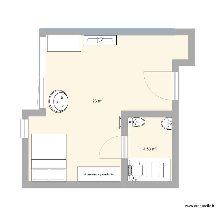 Studio Alain nouvelle sdb. Plan de 2 pièces et 31 m2