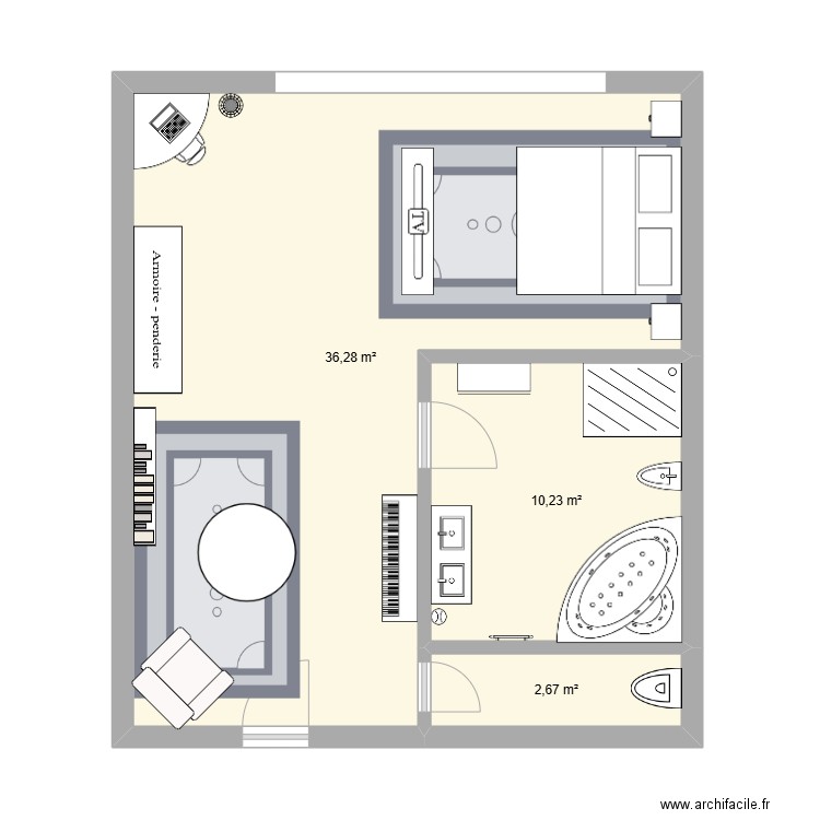 Chambre hotel . Plan de 3 pièces et 49 m2