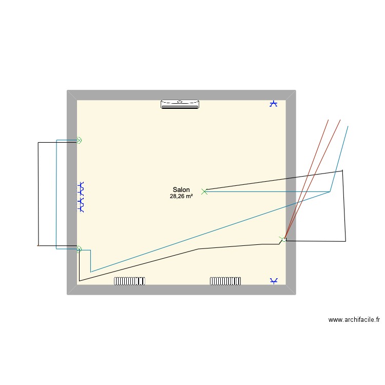 salon électronique. Plan de 1 pièce et 28 m2