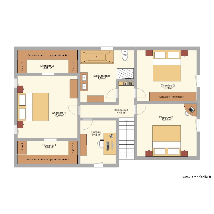 1er étage maison Rotheux . Plan de 8 pièces et 73 m2