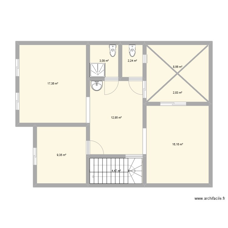 2ème étage. Plan de 9 pièces et 77 m2