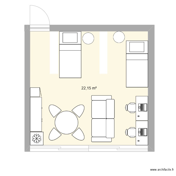 Ch 5 - Lits en parallèle . Plan de 1 pièce et 22 m2