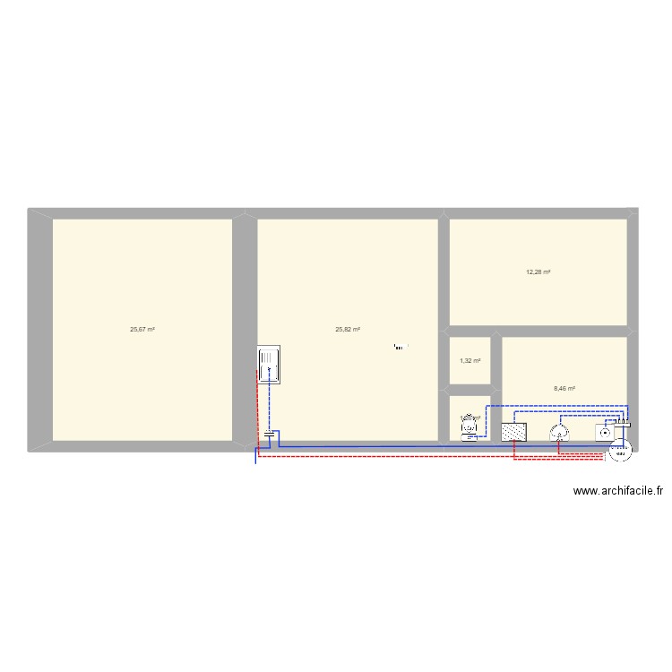 Réseau eau. Plan de 6 pièces et 75 m2