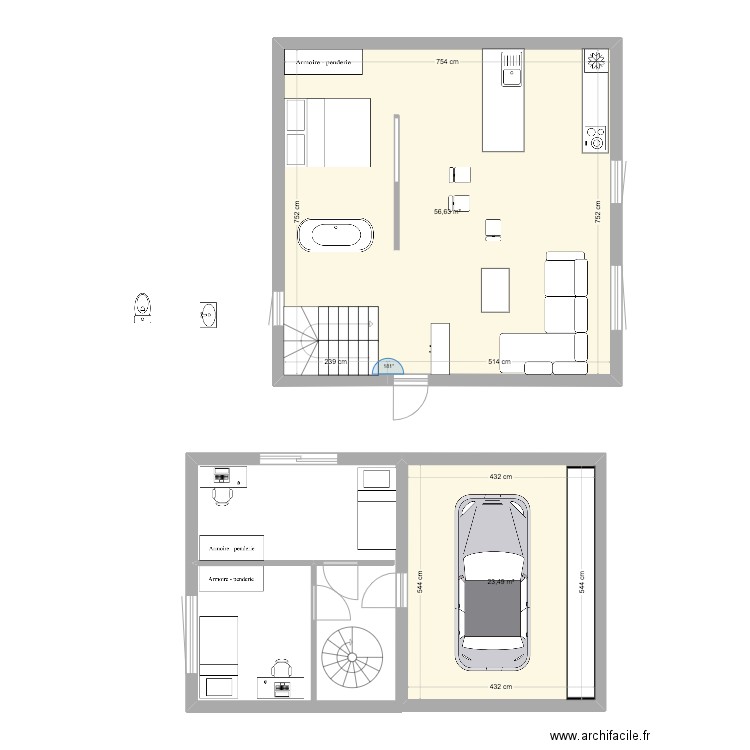 Jonathan. Plan de 2 pièces et 80 m2