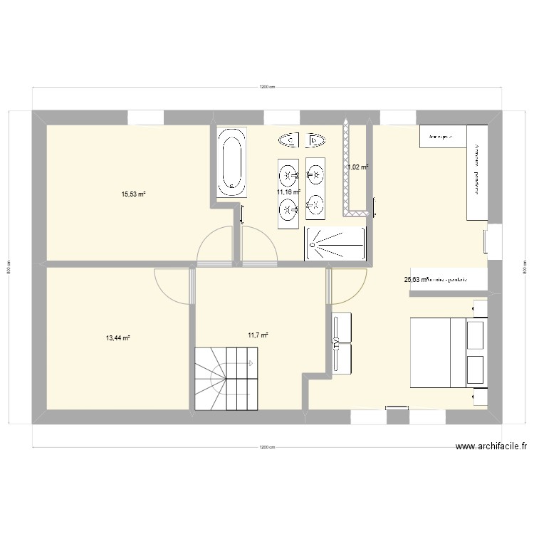 Suite parentale. Plan de 3 pièces et 37 m2