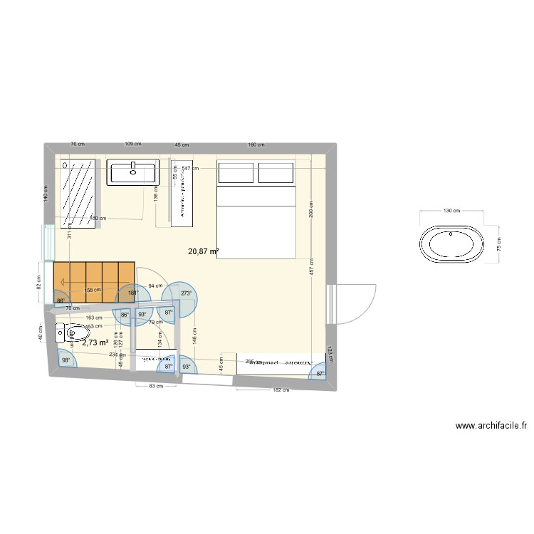 CHAMBRE 1 SDB v3. Plan de 2 pièces et 24 m2