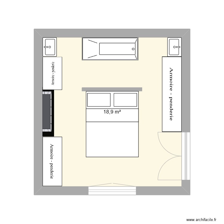 chambre 1 du square. Plan de 1 pièce et 19 m2