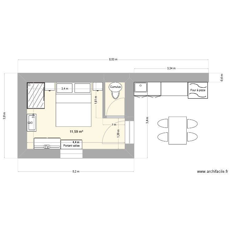 Cabane-studio4. Plan de 2 pièces et 13 m2