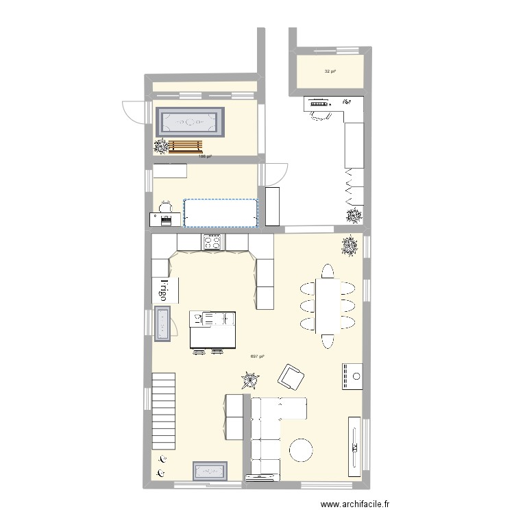 1e étage- avec cuisine. Plan de 3 pièces et 85 m2