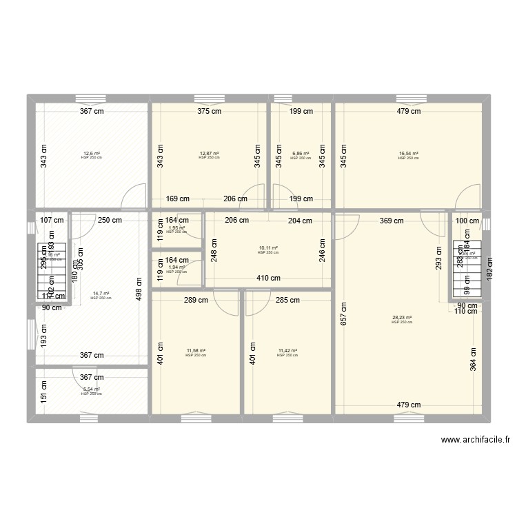 Etage 1. Plan de 14 pièces et 140 m2