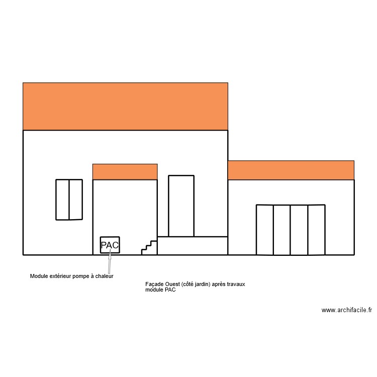 façade Ouest (côté jardin). Plan de 13 pièces et 69 m2