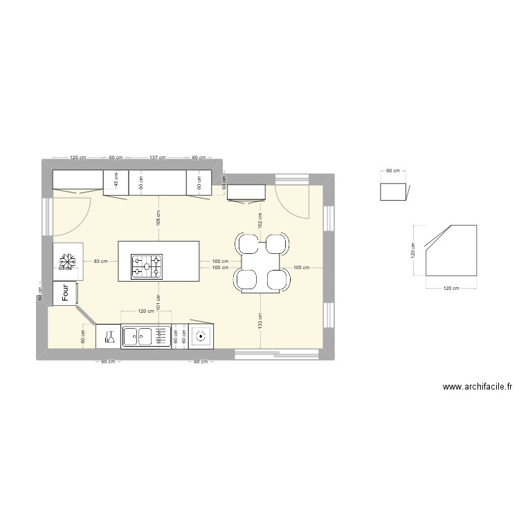 Cuisine sans mobilier. Plan de 1 pièce et 27 m2