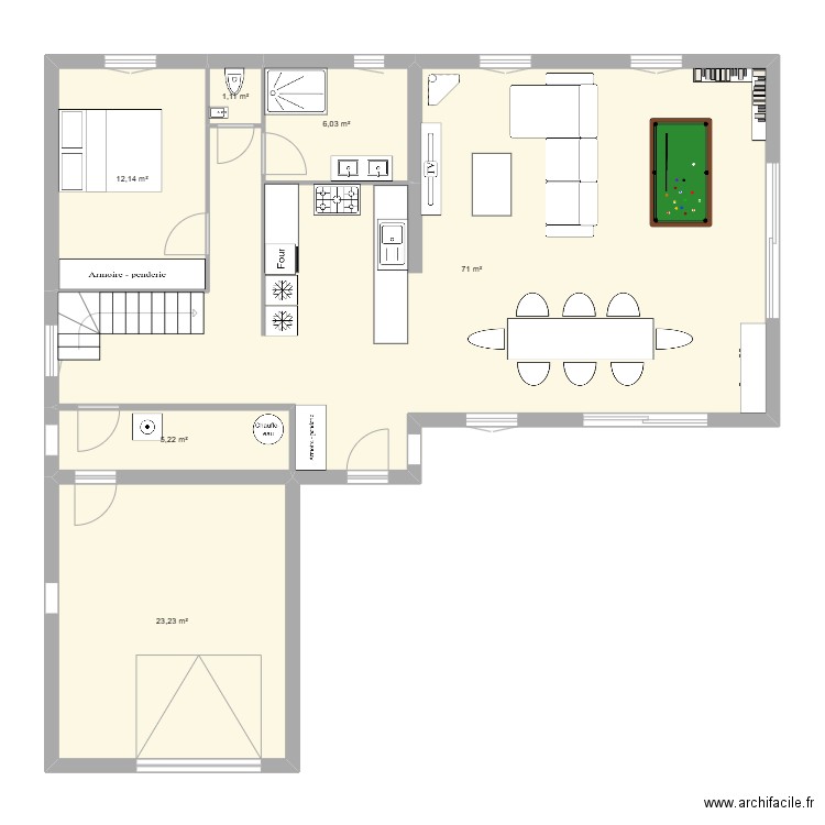 plan 2 : rdc en L. Plan de 6 pièces et 119 m2