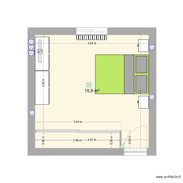 Chambre Parentale. Plan de 1 pièce et 16 m2