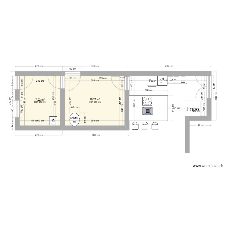 cuisine. Plan de 2 pièces et 17 m2