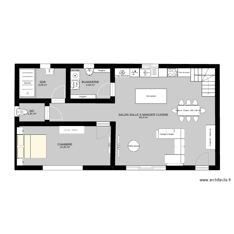 EXTENSION. Plan de 5 pièces et 65 m2