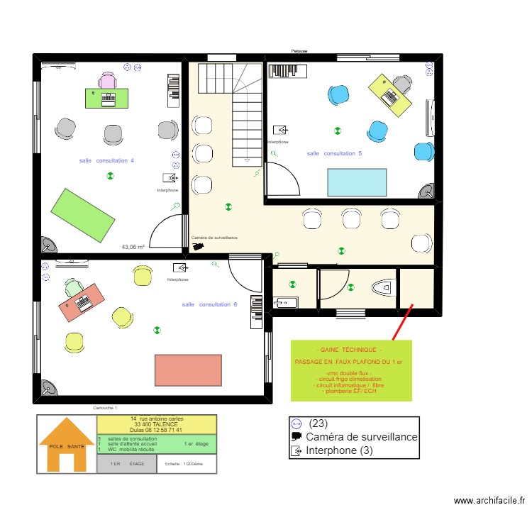  1 er étage pole santé. Plan de 6 pièces et 84 m2