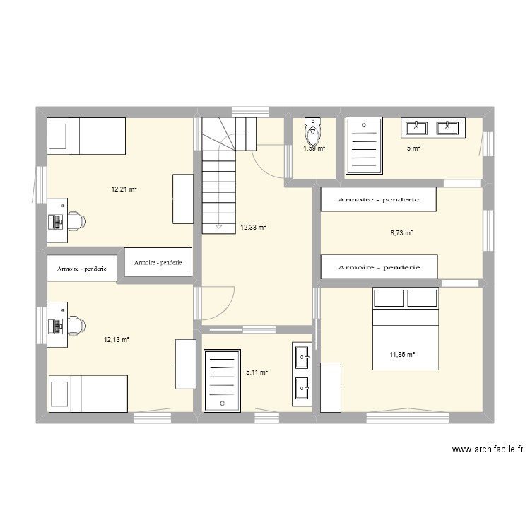 maison 1 etage. Plan de 8 pièces et 69 m2