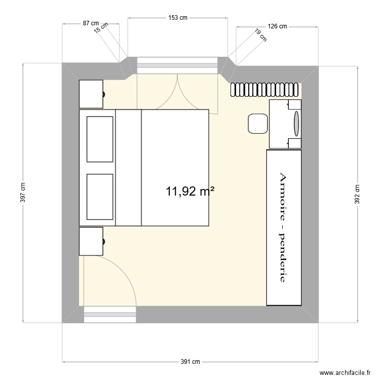 chambre. Plan de 1 pièce et 11 m2