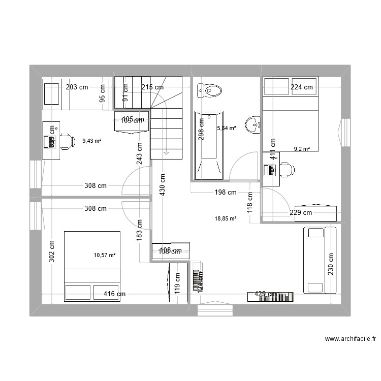 1 ER ETAGE. Plan de 5 pièces et 54 m2