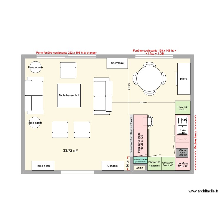 Cuisine plan 180 + LL sous frigo. Plan de 2 pièces et 34 m2