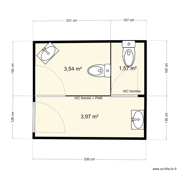 WC Normal + PMR. Plan de 3 pièces et 9 m2