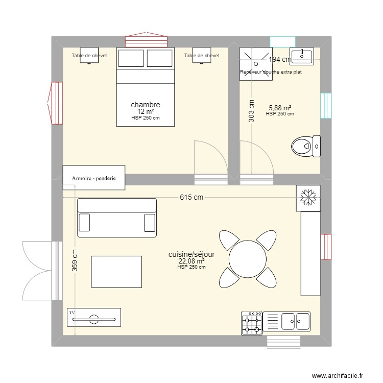 plan studio3. Plan de 3 pièces et 40 m2