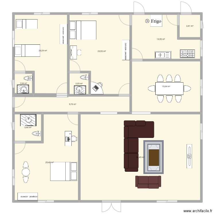 plan de 3 chambres salon avec salle à manger et cuisine. Plan de 11 pièces et 179 m2