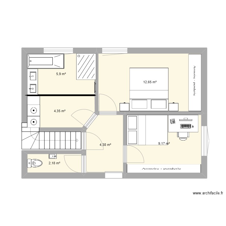 espace nuit. Plan de 6 pièces et 39 m2