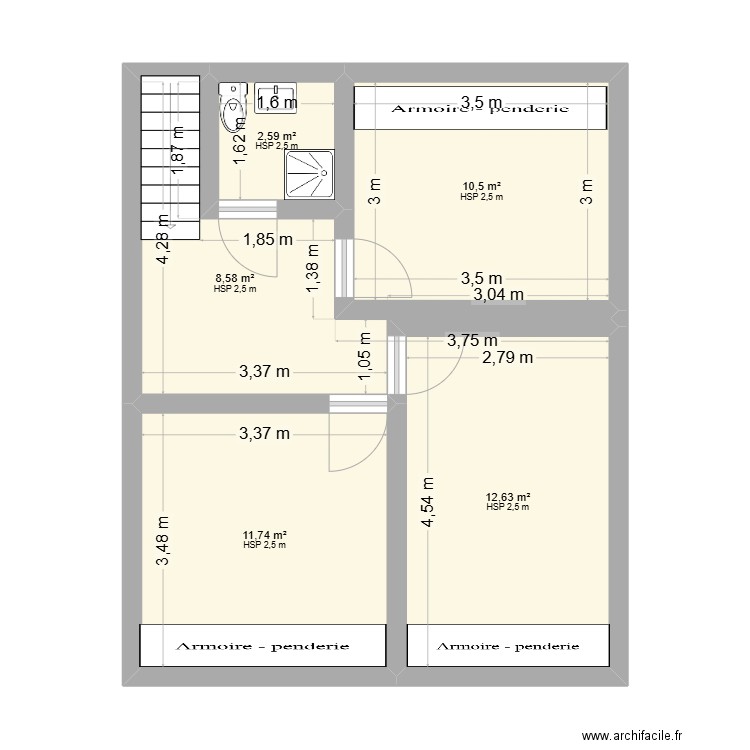 Etage Chambres enfants. Plan de 3 pièces et 48 m2