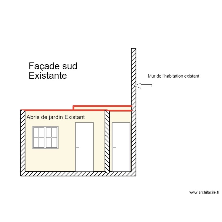 Façade sud existante . Plan de 2 pièces et 12 m2