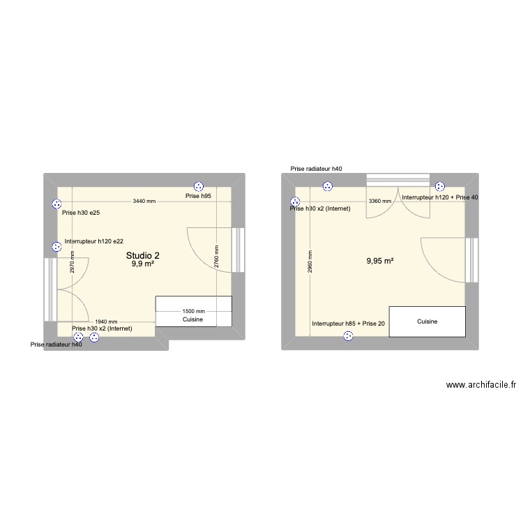 Studios 1 et 2 Lamartine. Plan de 2 pièces et 20 m2