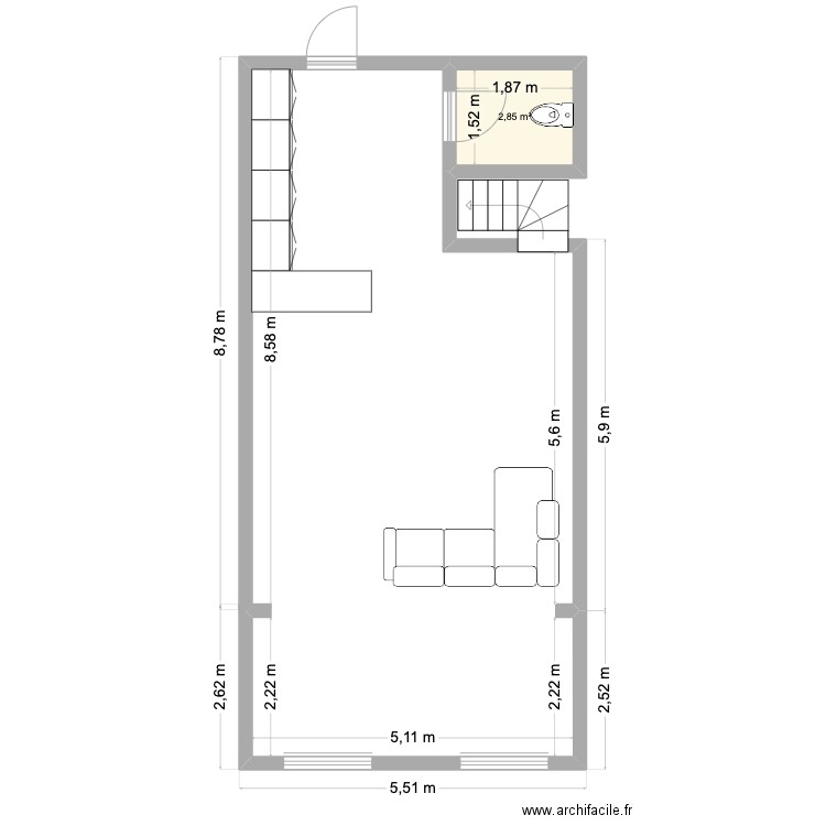 Extension mur. Plan de 1 pièce et 3 m2