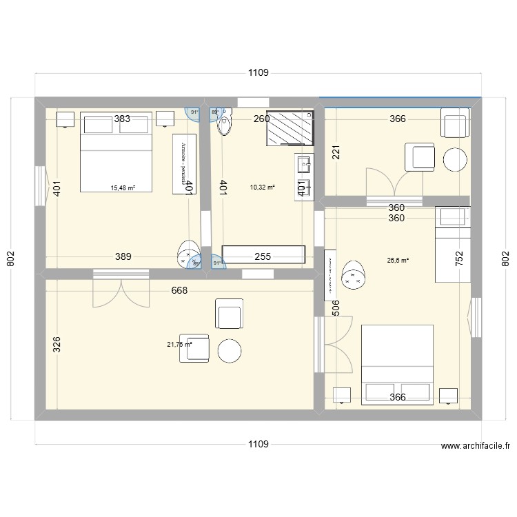 PLAN BUNGALOW. Plan de 4 pièces et 74 m2