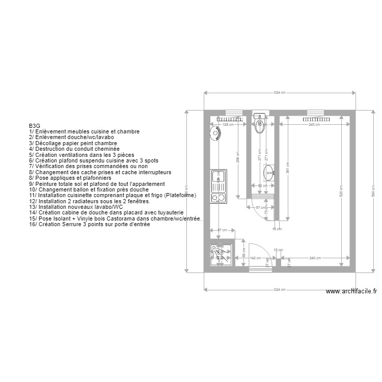 ROSIERS B32 d'origine. Plan de 3 pièces et 24 m2