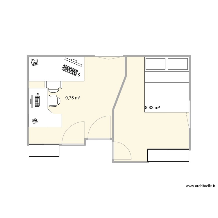 Bureau et chambre actuel. Plan de 2 pièces et 19 m2