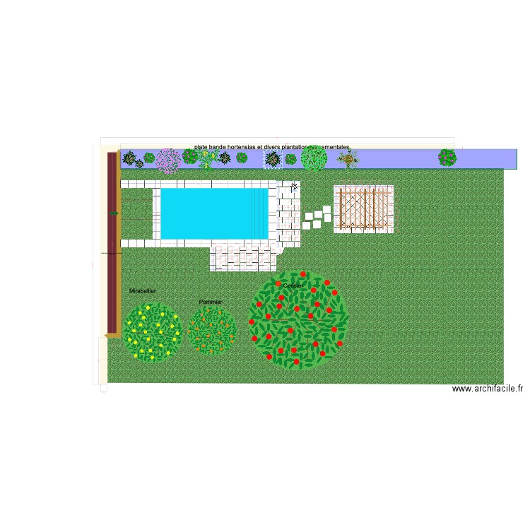 Plages piscine et gazon. Plan de 1 pièce et 10 m2