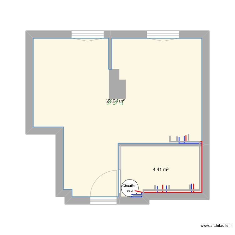 Sdb en long. Plan de 2 pièces et 27 m2